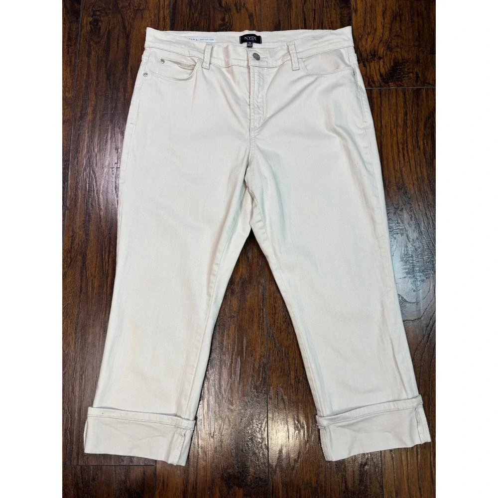 NYDJ Dayla Wide Cuff Capri Jeans‎ 14 Cream Mid-Rise Crop Stretch Womens